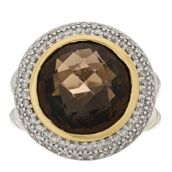 Sterling Silver 18K Yellow Gold Smoky Quartz Cognac Diamond Round Cocktail Ring 52 6