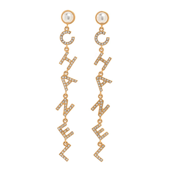 Crystal Pearl Logo Drop Earrings Gold