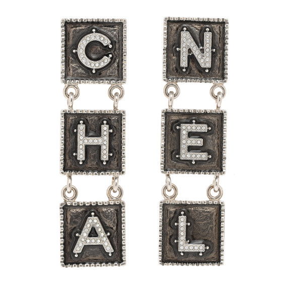 Metal Crystal Cha-Nel Logo Drop Earrings Silver