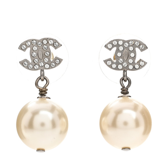 Pearl Crystal CC Drop Earrings Silver Pearly White