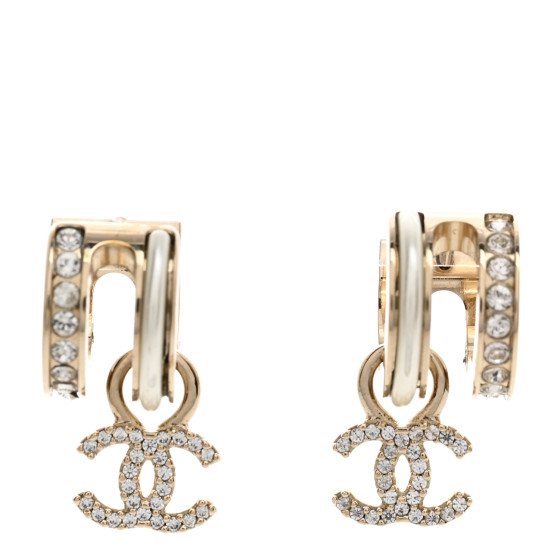 Crystal CC Hoop Drop Earrings Gold Pearly White