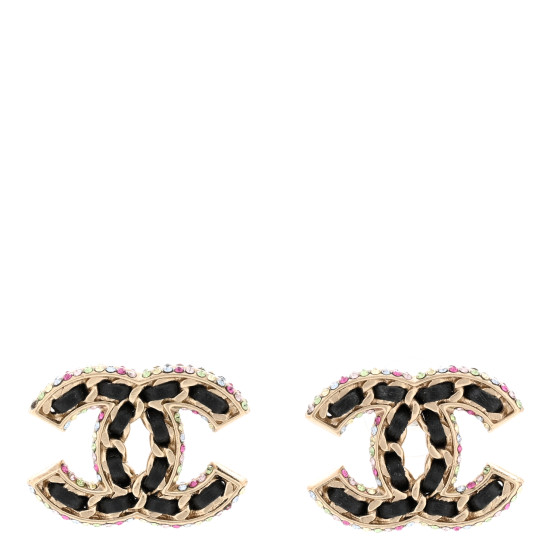Lambskin Crystal CC Chain Earrings Black Gold Multicolor