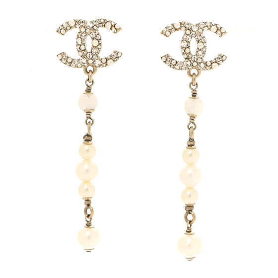 Pearl Crystal CC Drop Earrings Gold