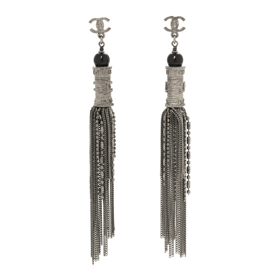 Metal CC Chain Tassel Paris Shanghai Earrings Ruthenium