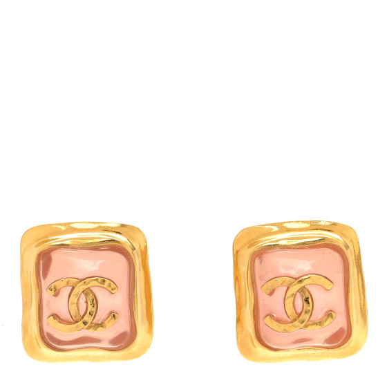 Metal Resin CC Square Earrings Gold Pink