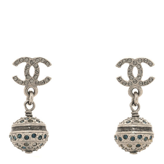 Crystal CC Ball Drop Earrings Silver Blue