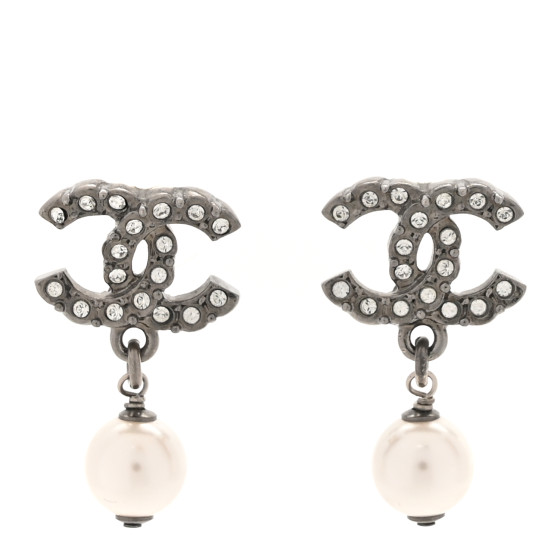 Pearl Crystal CC Drop Earrings Silver Pearly White