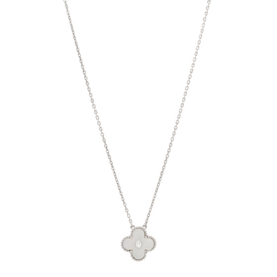 18K White Gold Diamond Mother of Pearl Vintage Alhambra Pendant Necklace