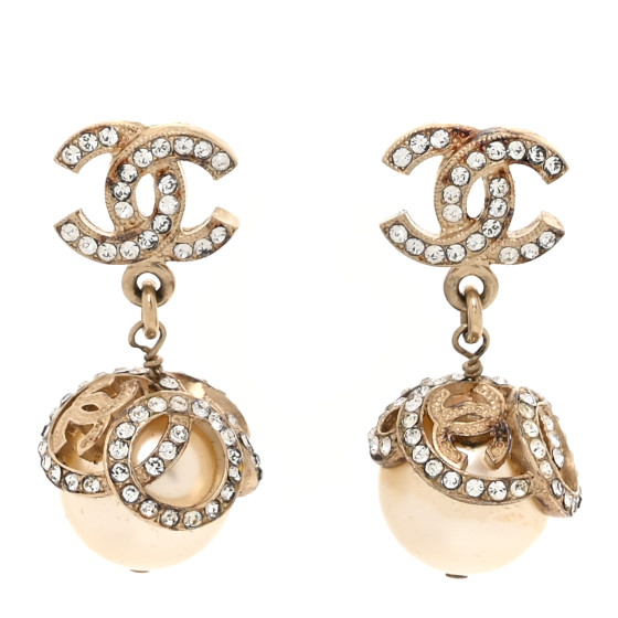 Crystal Pearl CC Drop Earrings Gold