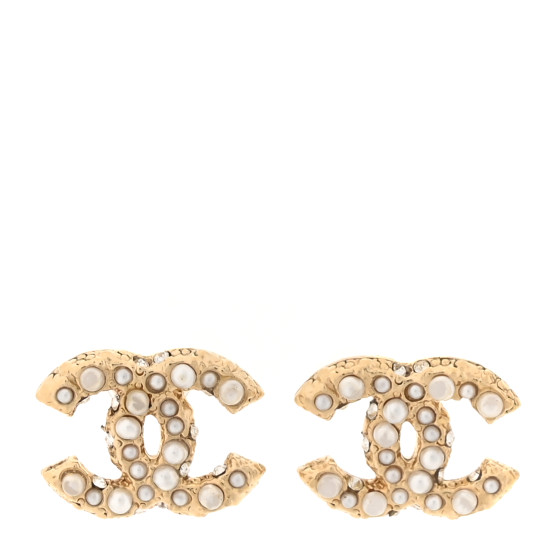 Pearl Crystal CC Stud Earrings Gold