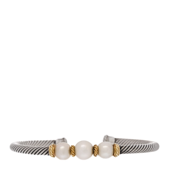 Sterling Silver 18K Yellow Gold Graduated Pearl 4mm Cable Classics Cuff Bracelet