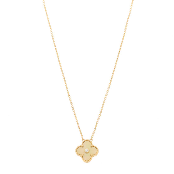 18K Yellow Gold Diamond Yellow Mother of Pearl Vintage Alhambra Pendant Necklace