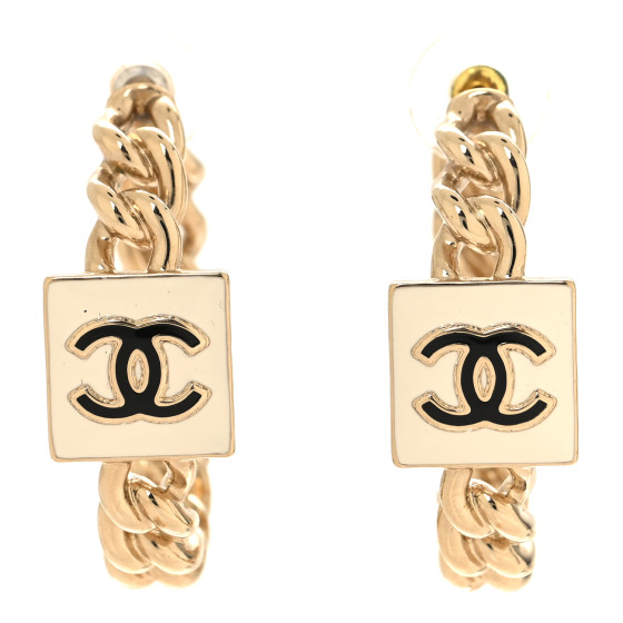 Metal Enamel CC Square Chain Hoop Earrings Gold White