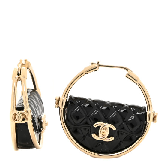 Metal Resin Quilted Flap Bag Hoop Earrings Black Gold