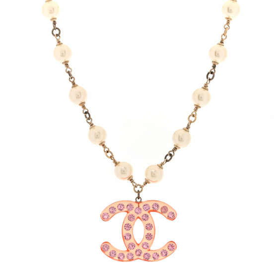 Pearl Crystal Resin CC Necklace Pink Gold White
