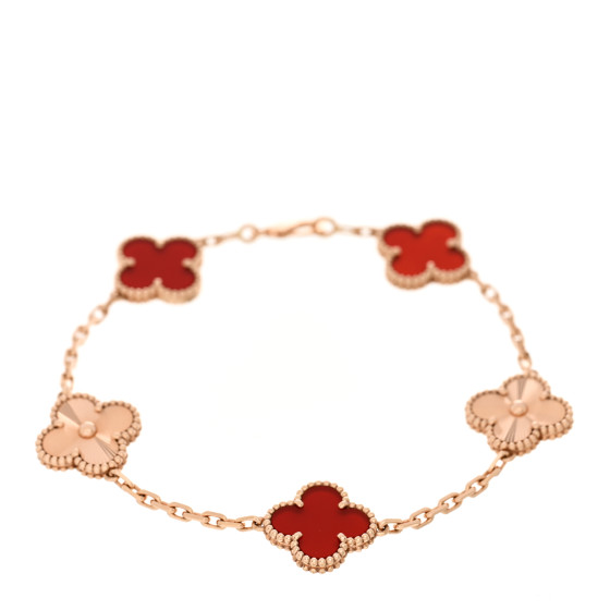 18K Rose Gold Carnelian 5 Motifs Guilloche Vintage Alhambra Bracelet