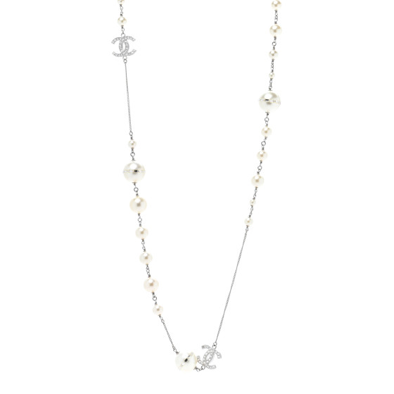 Baguette Crystal Pearl CC Long Necklace Silver
