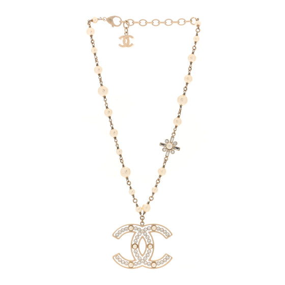 Crystal Baguette Pearl CC Cross Pendant Necklace Gold