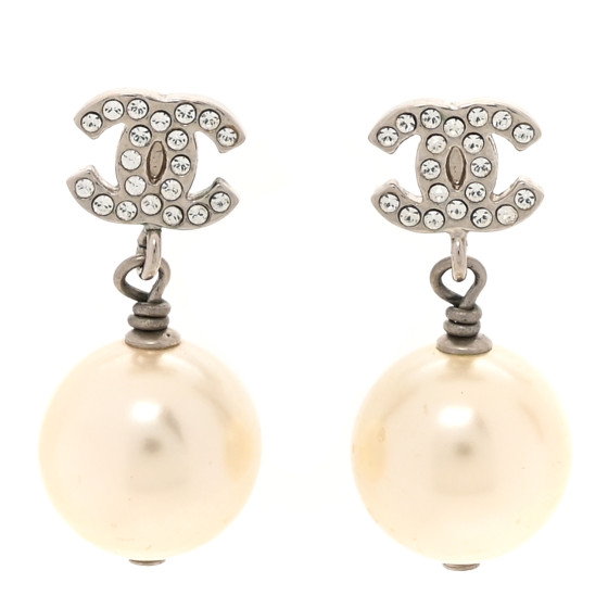 Crystal Pearl CC Drop Earrings Silver Pearly White