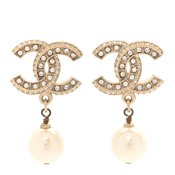 Crystal Pearl CC Drop Earrings Gold