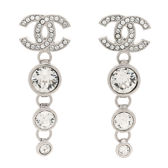 Metal Crystal CC Drop Earrings Silver