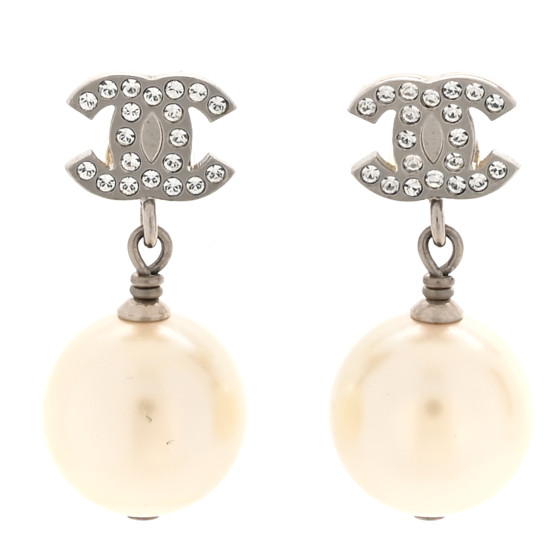 Crystal Pearl CC Drop Earrings Silver Pearly White