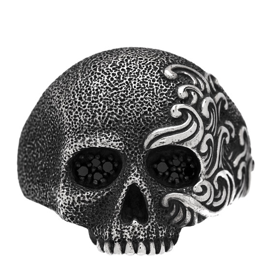 Sterling Silver Black Diamond Waves Skull Ring 70 13