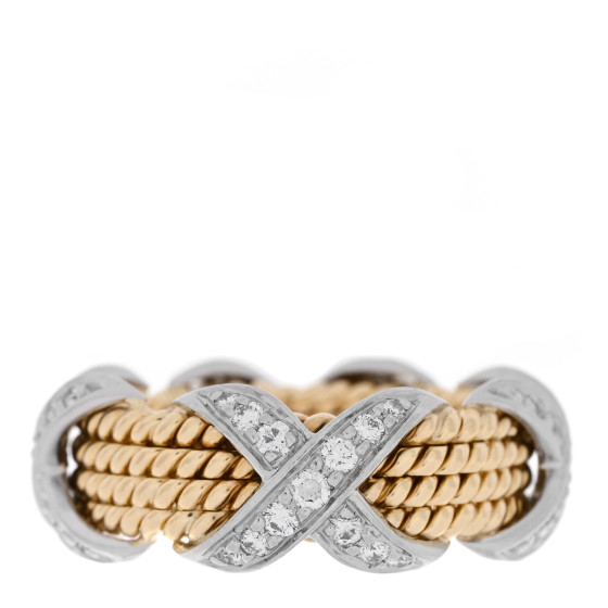 18K Yellow Gold Platinum Diamond Schlumberger Rope Four Row X Ring 50 5.25