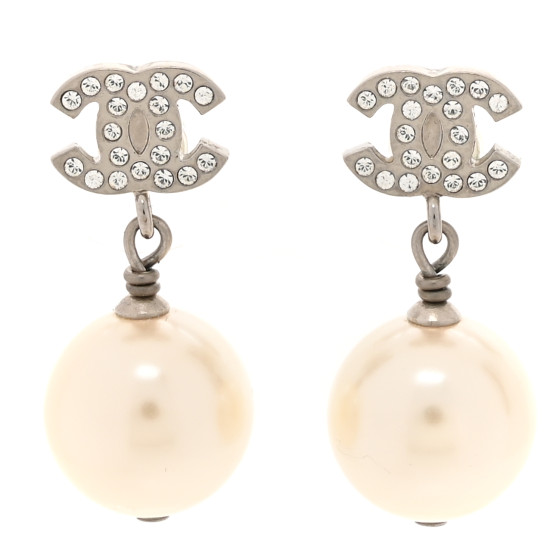 Crystal Pearl CC Drop Earrings Silver Pearly White