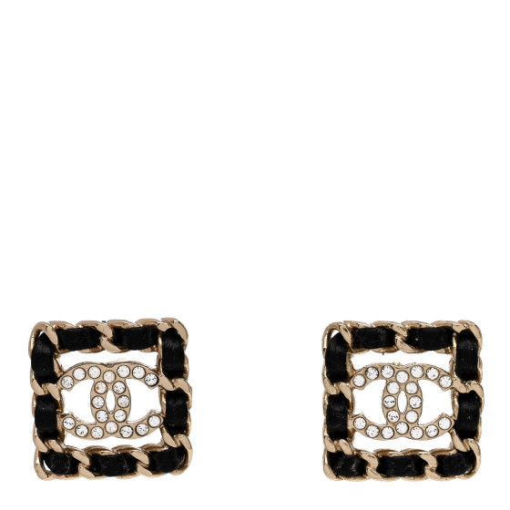 Crystal Lambskin Chain Sergeant Chanel Stud Earrings Black Gold