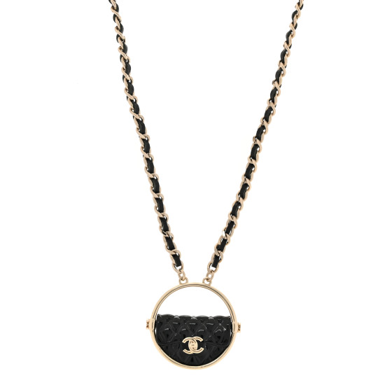 Metal Resin Quilted Flap Bag Hoop Mirror Necklace Black Gold