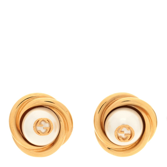 Metal Pearl Interlocking G Clip On Earrings Aged Gold