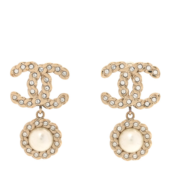 Crystal CC Pearl Drop Earrings Light Gold