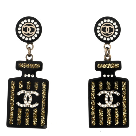 Resin Strass Perfume Bottle CC Earrings Black Gold