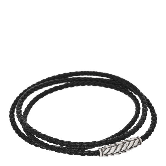 Sterling Silver Leather Mens Chevron Triple-Wrap Bracelet Black