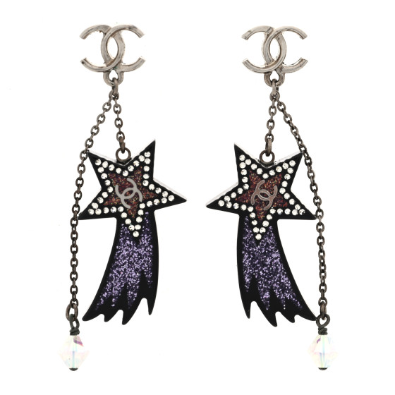 Resin Crystal CC Shooting Star Dangle Earrings Silver Purple