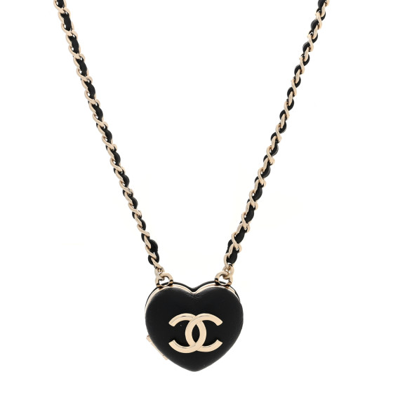 Lambskin CC Heart Mirror Locket Necklace Gold Black