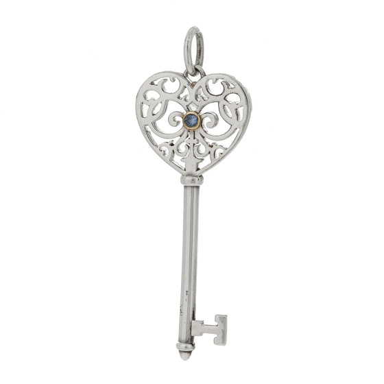 Sterling Silver Blue Sapphire Enchant Heart Key Pendant