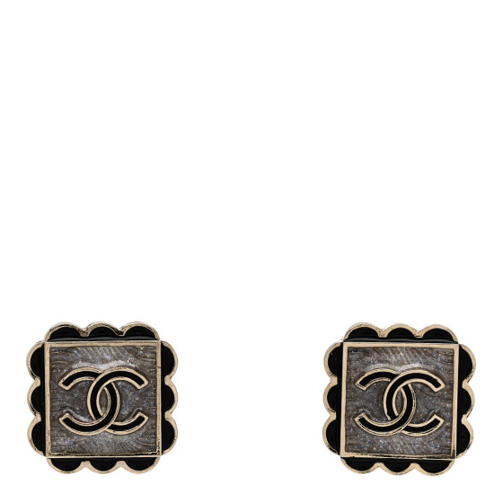 Metal Enamel CC Square Earrings Gold Black White