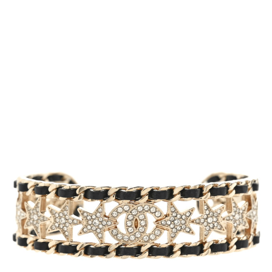 Metal Lambskin Crystal Chain Star CC Cuff M Black Gold