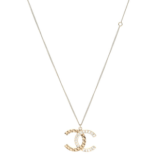 Baguette Crystal Quilted CC Pendant Necklace Gold