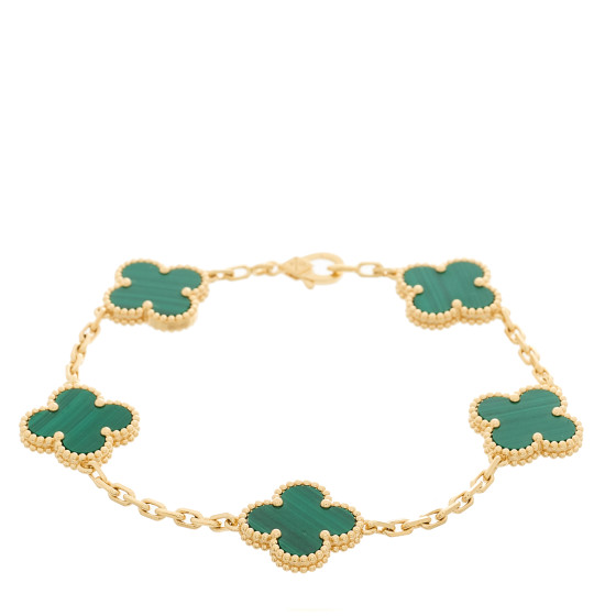 18K Yellow Gold Malachite 5 Motifs Vintage Alhambra Bracelet