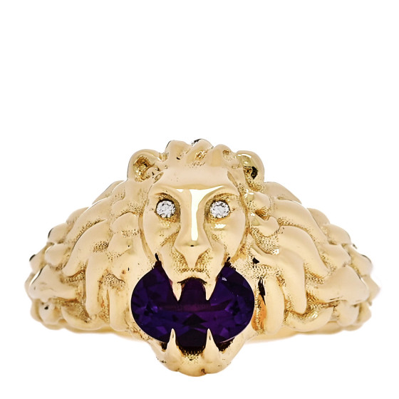 18K Yellow Gold Diamond Amethyst Lion Head Ring 53 6.25