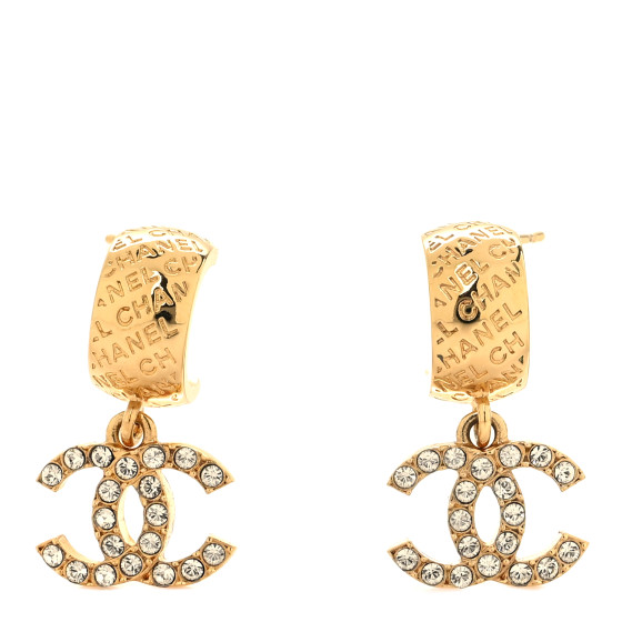Metal Crystal CC Logo Hoop Drop Earrings Gold