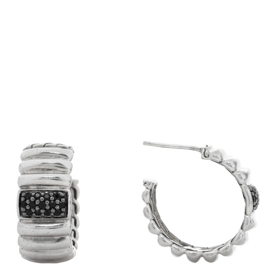 Sterling Silver Black Sapphire Bedeg Hoop Earrings