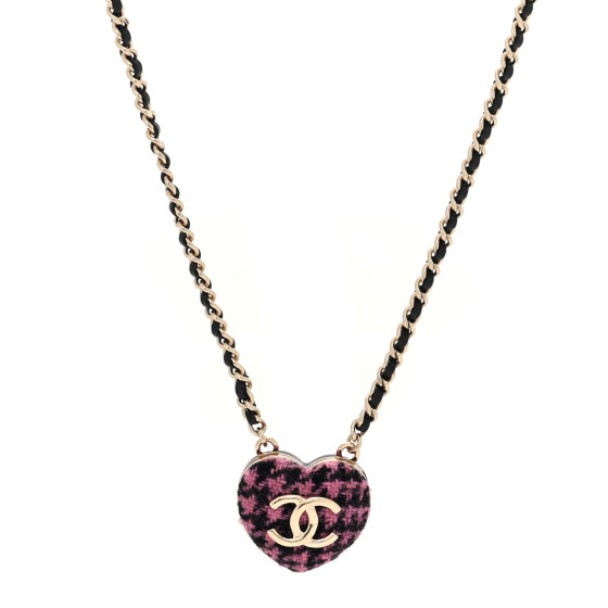 Tweed Lambskin CC Heart Locket Necklace Gold Black Pink