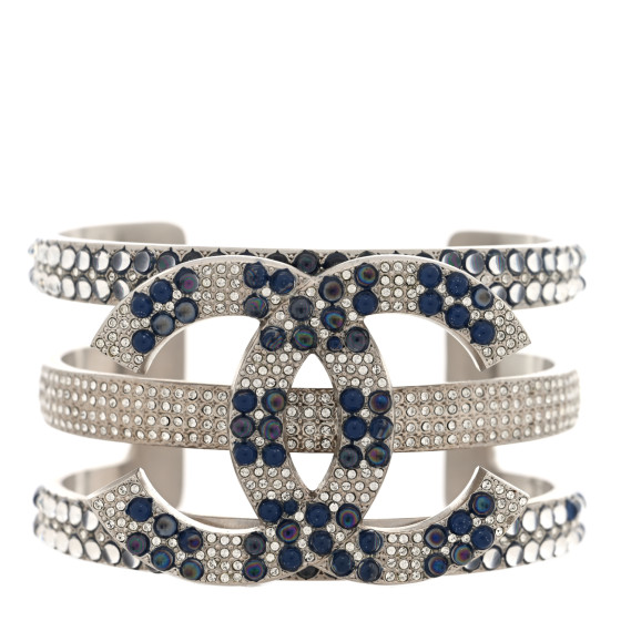 Metal Crystal CC Cuff Bracelet L Silver Blue