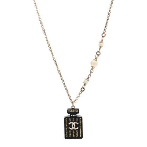 Pearl Resin Strass Perfume Bottle CC Necklace Black Gold