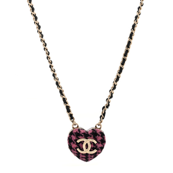 Tweed Lambskin CC Heart Locket Necklace Gold Black Pink