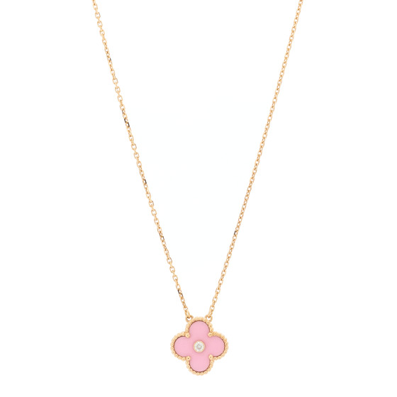 18K Rose Gold Diamond Pink Porcelain Vintage Alhambra Pendant Necklace